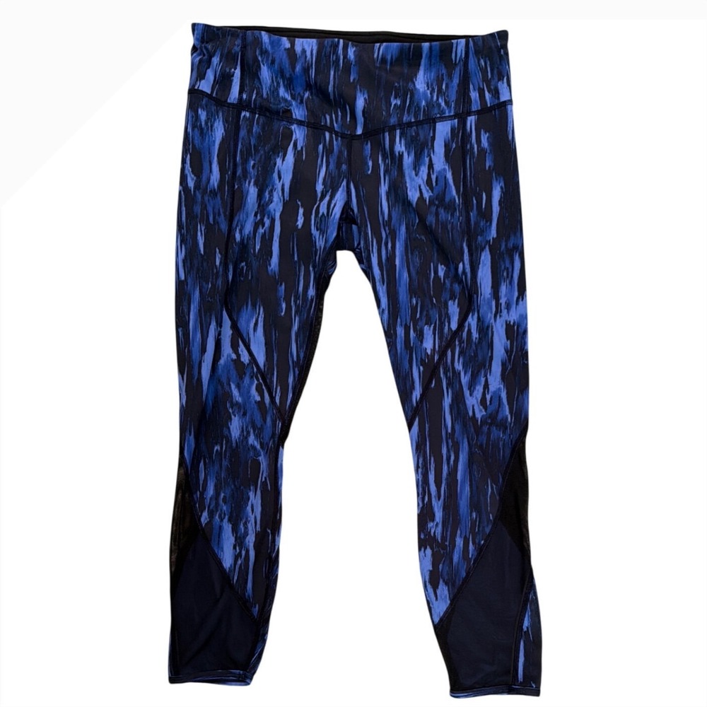 Lululemon Women Blue Black Abstract Print Mesh Crop Leggings Size 10 Mid Rise